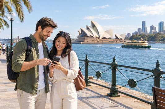 Illustration of travellers checking trip details on a Sydney harbour promenade with a ferry in the distance - AloOui eSIM