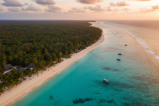 Aerial view of Zanzibar Tanzania turquoise ocean and white sand beach with palm trees at golden hour — AloOui eSIM for Tanzania - AloOui eSIM