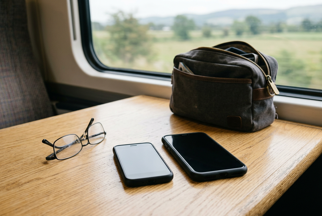 AI-generated illustration of generic small and larger smartphones on a train table, not verified Unihertz Jelly Star hardware - AloOui eSIM