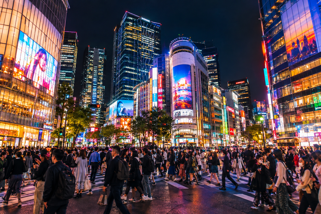 Illuminated Tokyo streets and pedestrians at night, illustrating a Japan eSIM and phone-setup guide for US travelers - AloOui eSIM