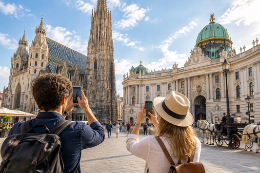 Illustration of travellers taking photos in Vienna for an Austria eSIM data-budget guide - AloOui eSIM