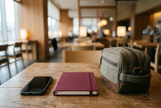 AI-generated Japan arrival preparation illustration with a generic blank-screen smartphone and closed notebook, not a Visit Japan Web interface or government-issued QR code - AloOui eSIM