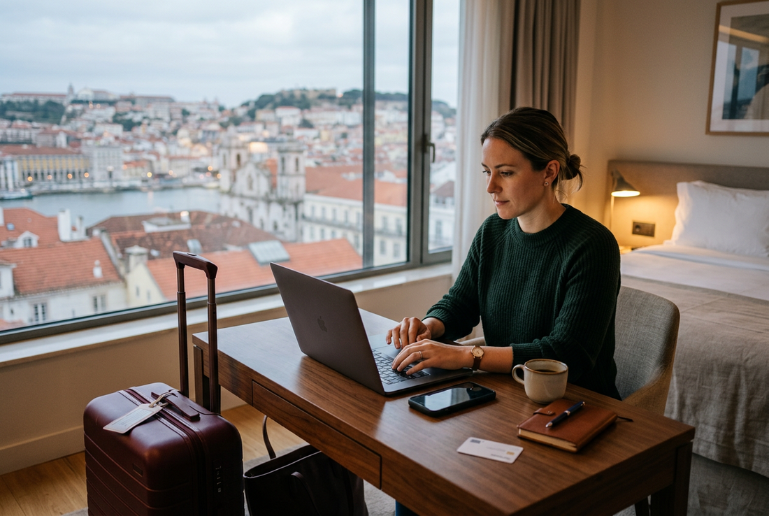 AI-generated editorial image of a traveller using a generic laptop beside a smartphone and burgundy suitcase at a hotel desk, not a verified Windows interface or hotspot-performance test. - AloOui eSIM