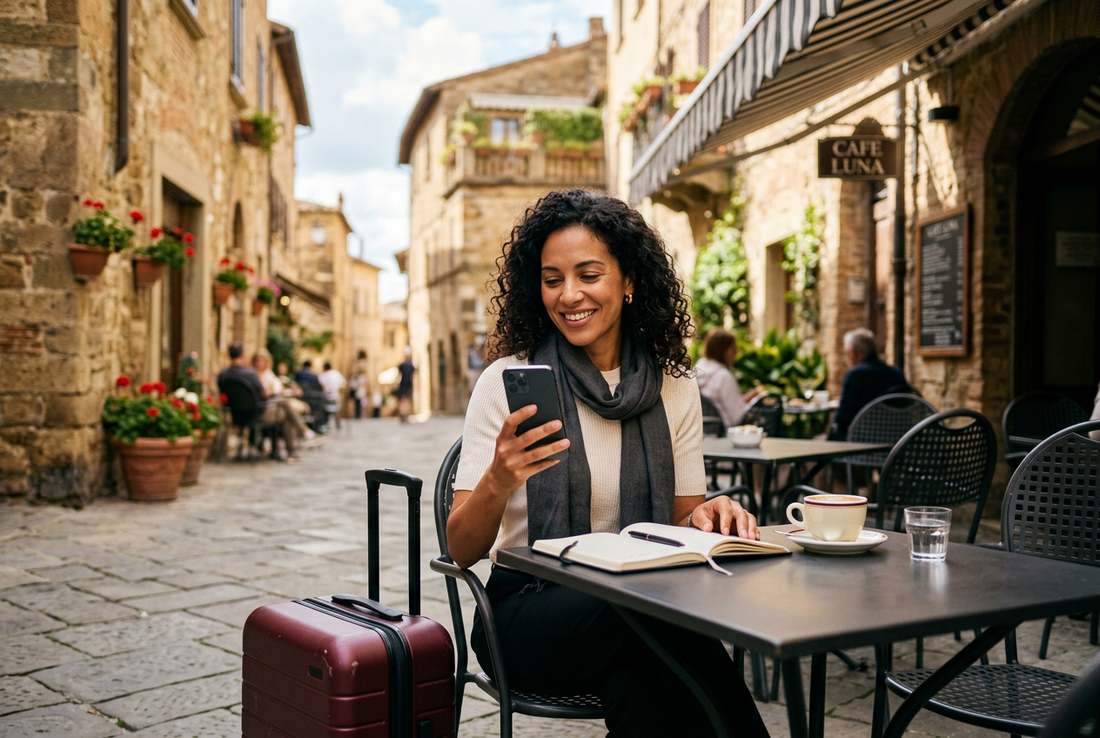 AI-generated image of a smiling traveller using a generic smartphone at an outdoor cafe beside burgundy luggage, for the Xiaomi travel eSIM guide. - AloOui eSIM