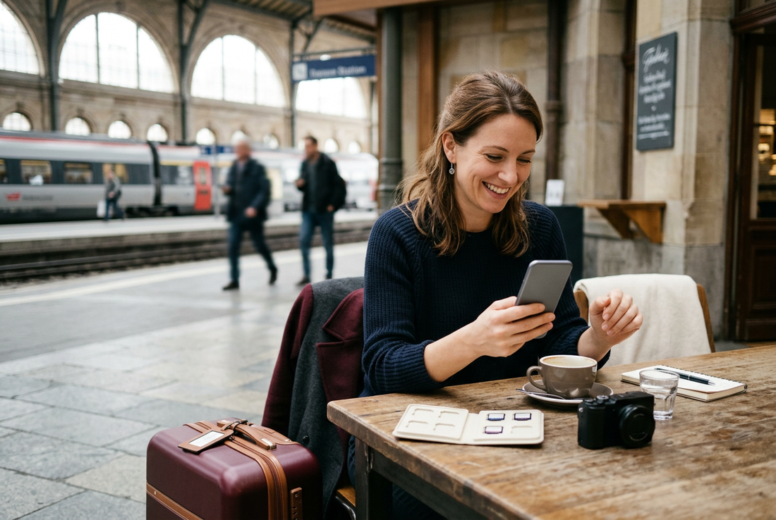 AI-generated image of a smiling traveller using a generic smartphone at a station cafe beside a camera, memory-card case and burgundy luggage. - AloOui eSIM