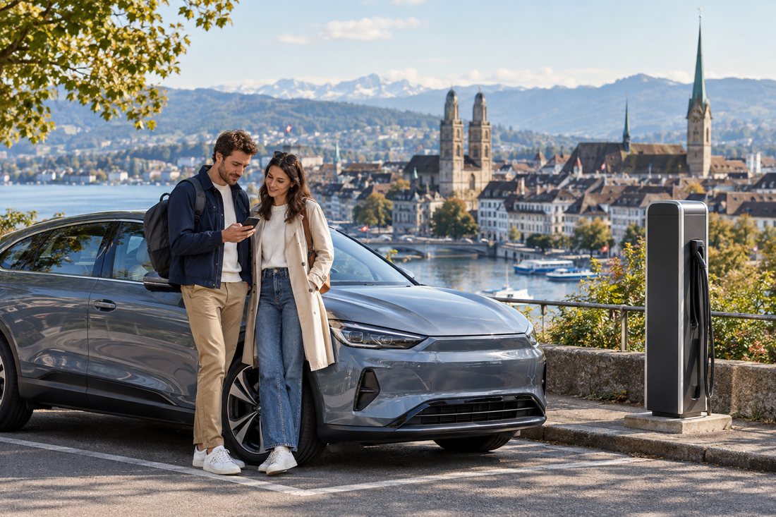 Illustration of travellers reviewing a phone beside a parked electric car and generic charging station in a Swiss city setting - AloOui eSIM