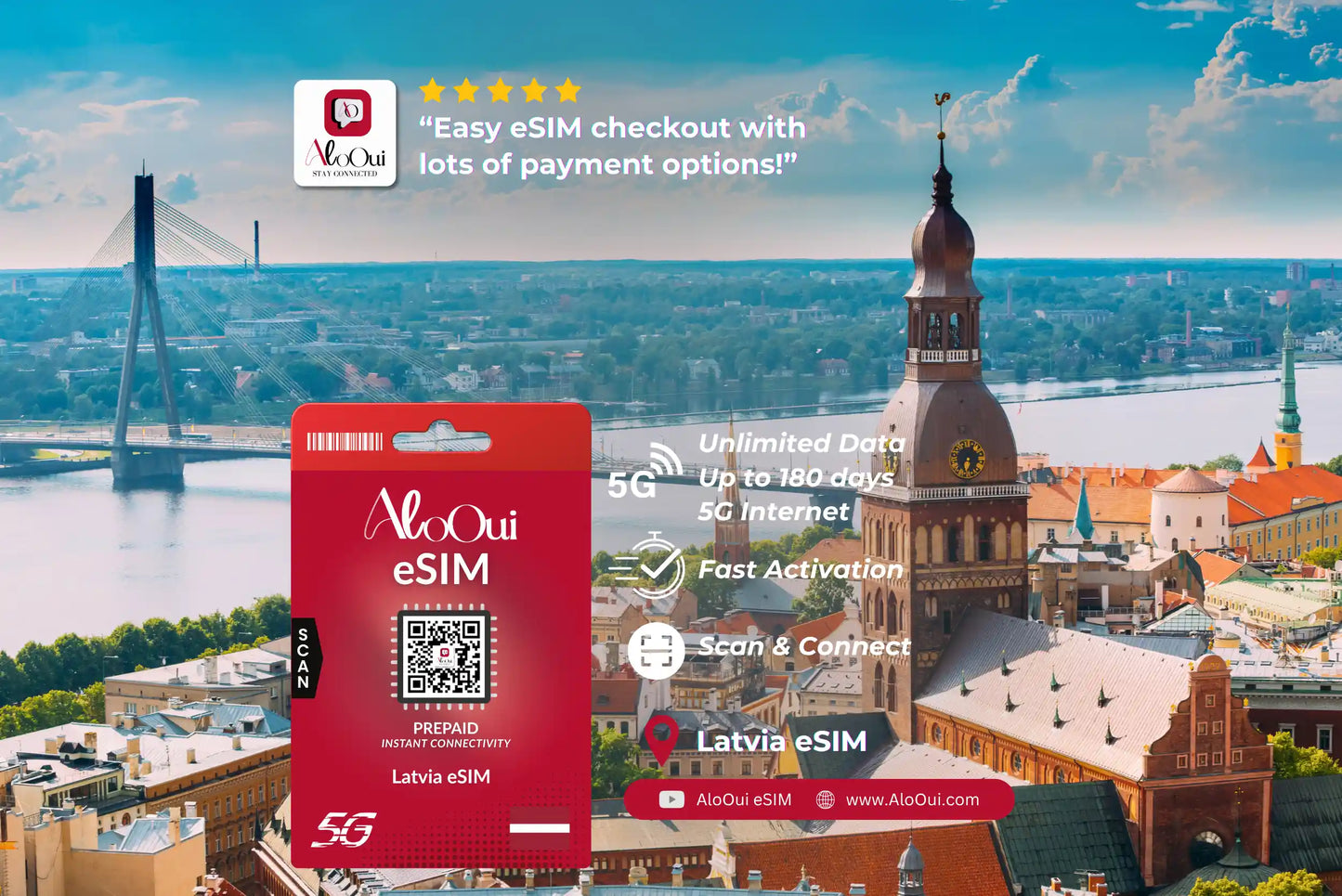 Latvia AloOui eSIM with a scenic cityscape in the background