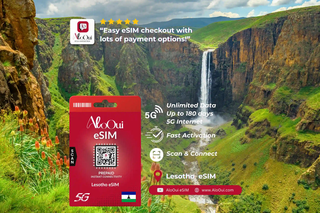 Lesotho AloOui eSIM with scenic background of a waterfall and canyon