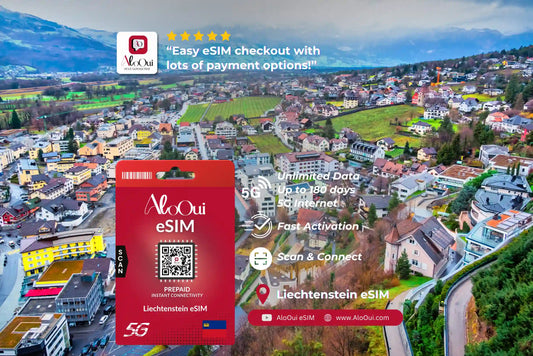 Liechtenstein AloOui eSIM with a scenic town background 