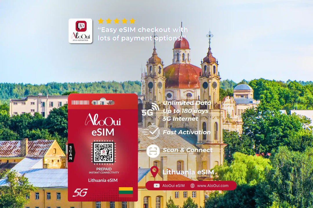Lithuania AloOui eSIM with a scenic background of a church and greenery