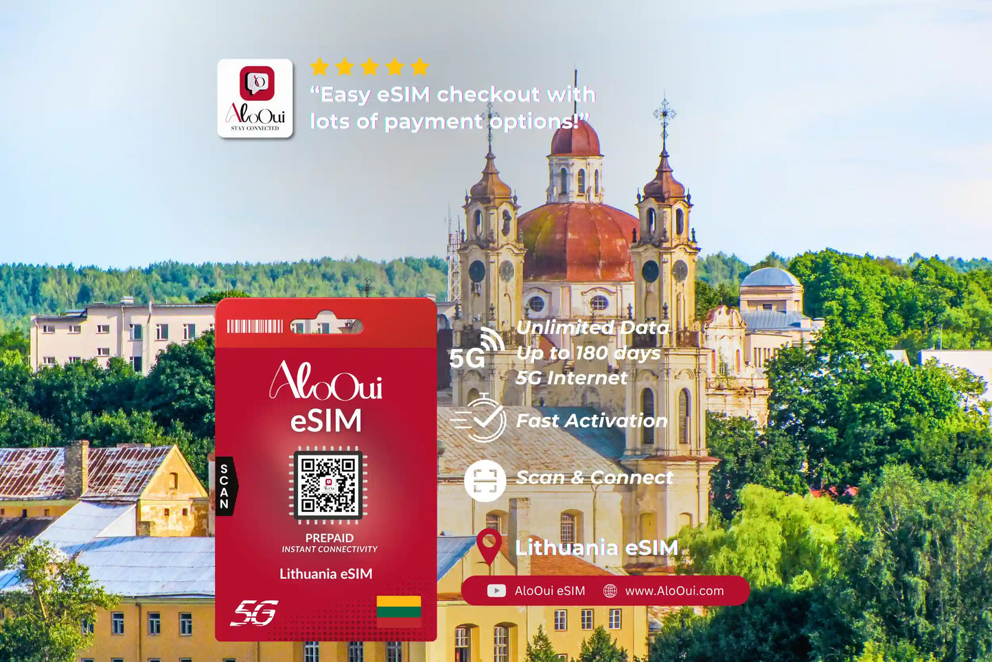 Lithuania AloOui eSIM with a scenic background of a church and greenery