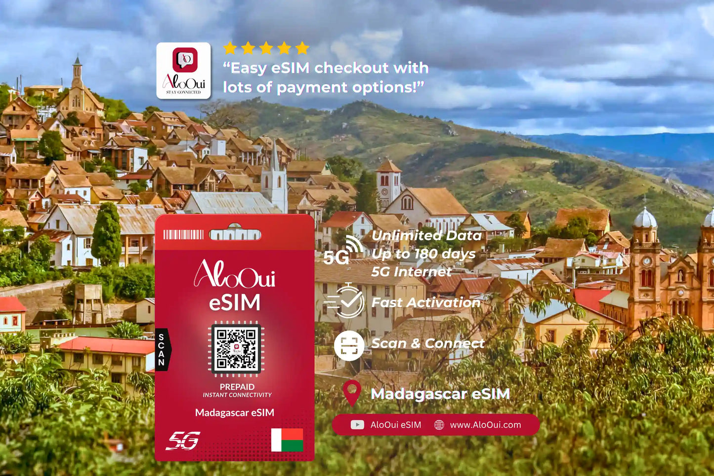 Madagascar AloOui eSIM with a scenic background of a village and mountains.