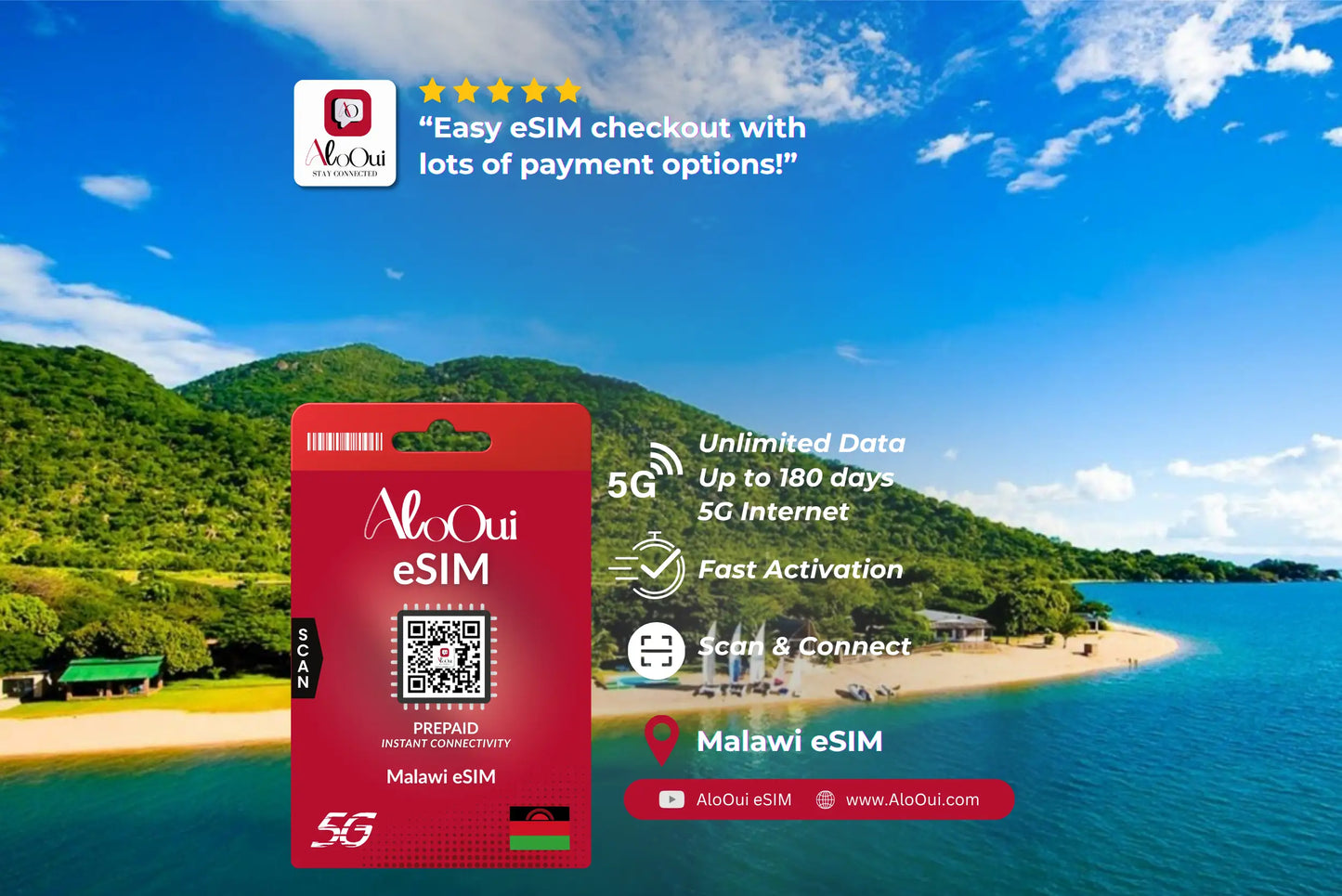 Malawi AloOui eSIM with scenic background of a beach and mountains.