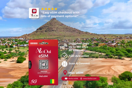 Mali AloOui eSIM with scenic landscape in the background 