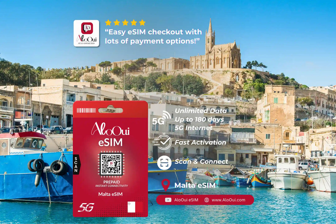 Malta AloOui eSIM with scenic background of a coastal town.