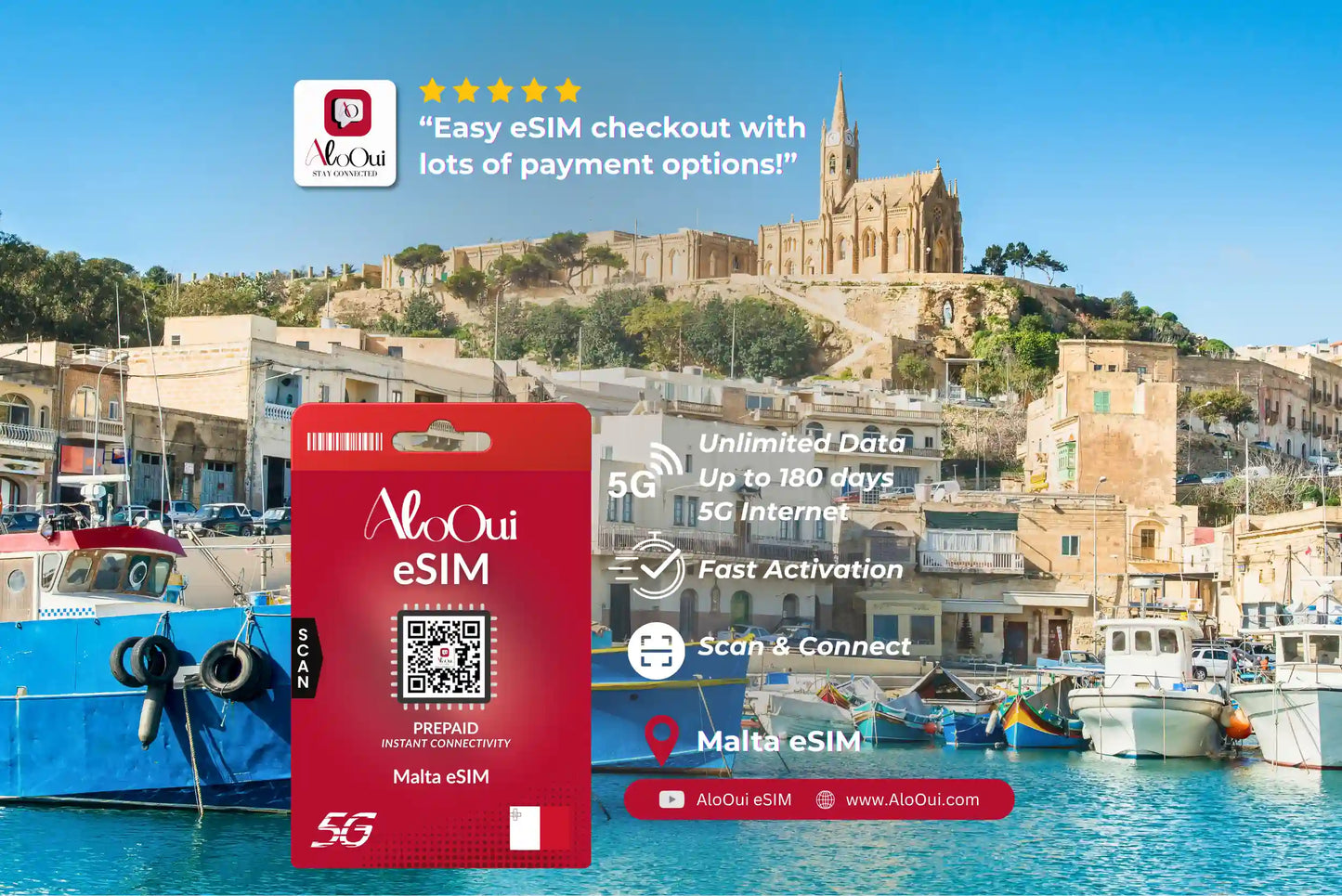 Malta AloOui eSIM with scenic background of a coastal town.