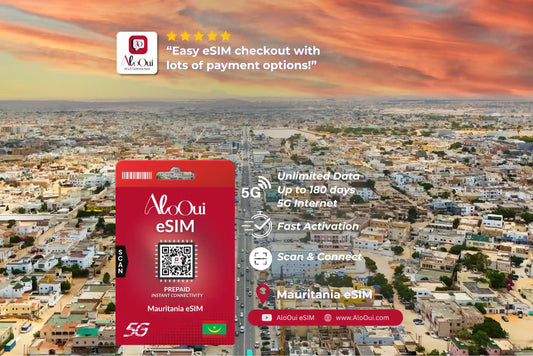 Mauritania AloOui eSIM with cityscape background 