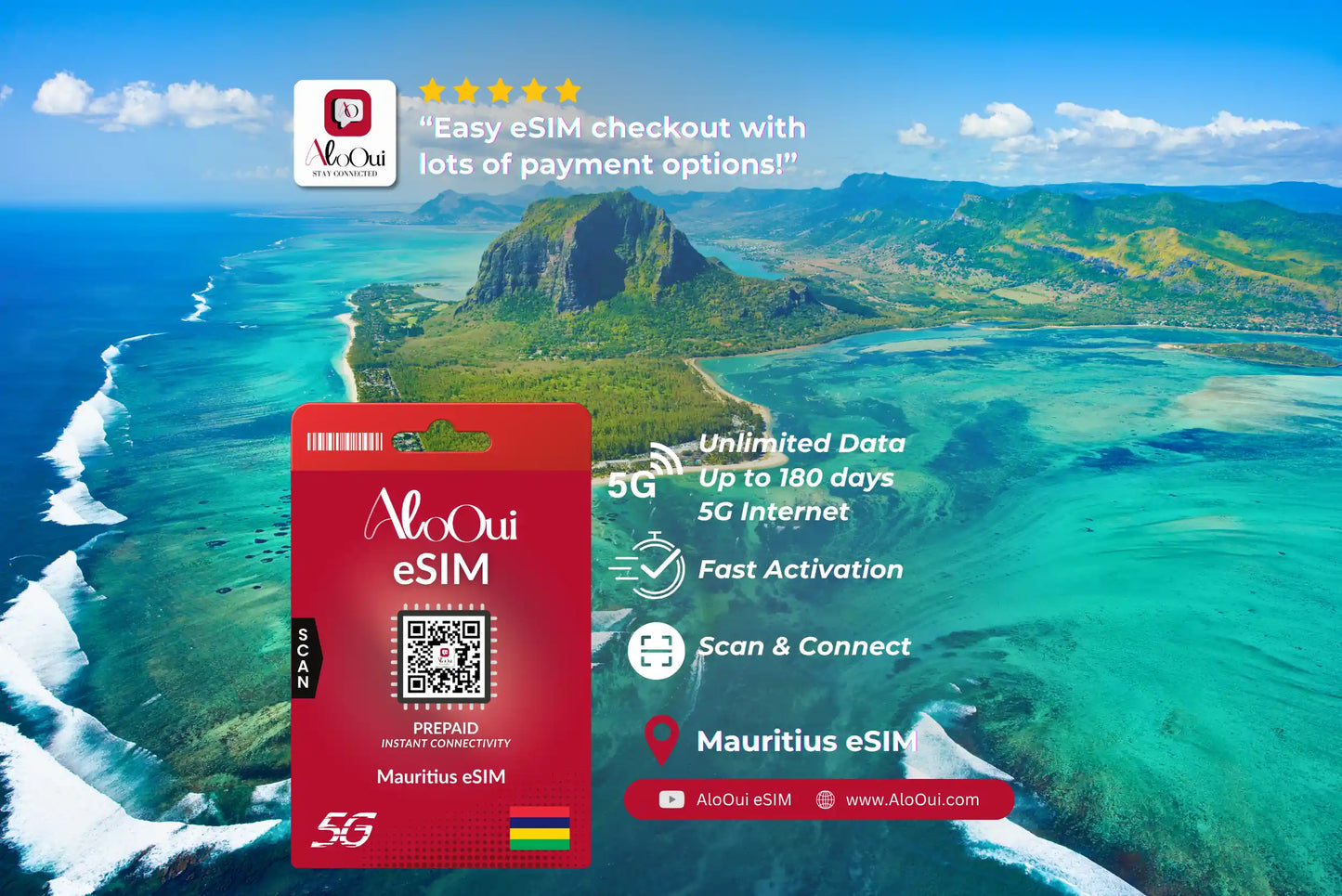 Mauritius AloOui eSIM card with scenic ocean and island background