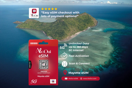 Mayotte AloOui eSIM against a scenic ocean background 