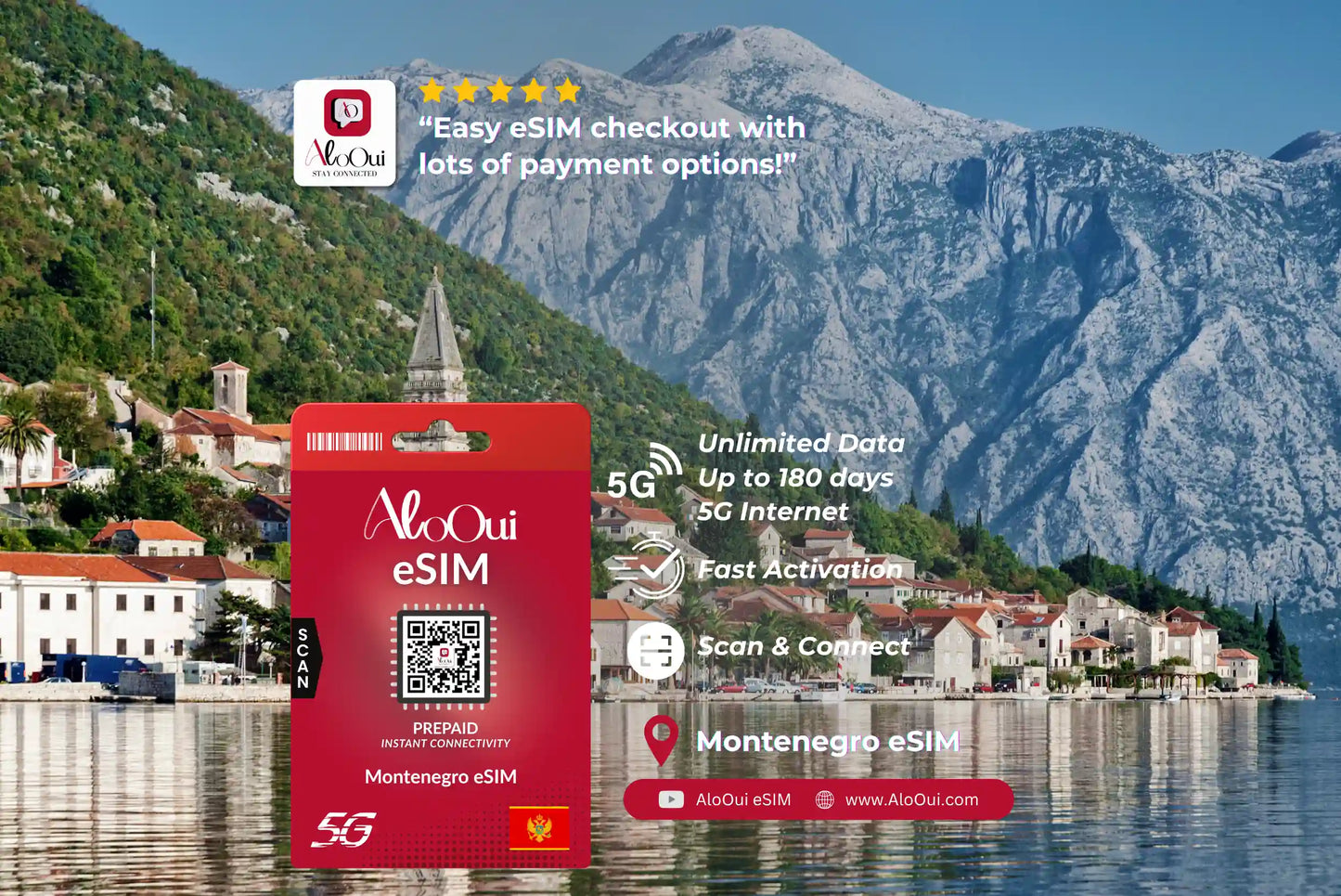 Montenegro AloOui eSIM with scenic background of mountains and town.