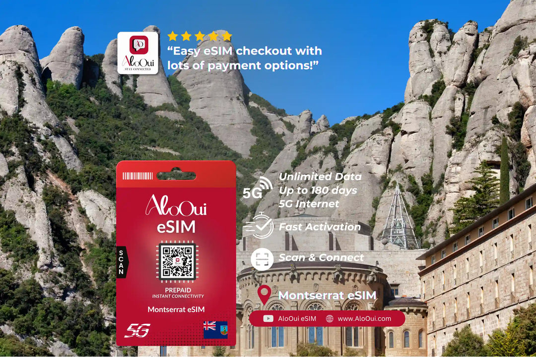 Montserrat AloOui eSIM card with Montserrat mountains and building in the background