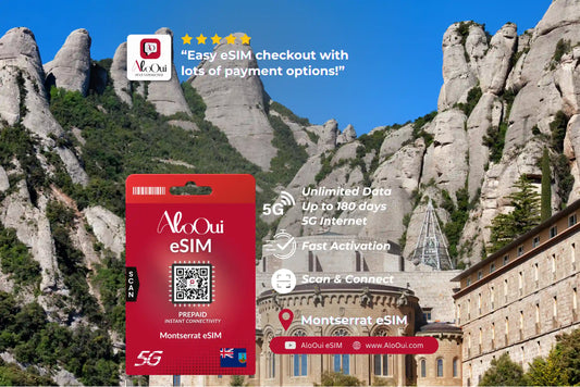 Montserrat AloOui eSIM card with Montserrat mountains and building in the background 