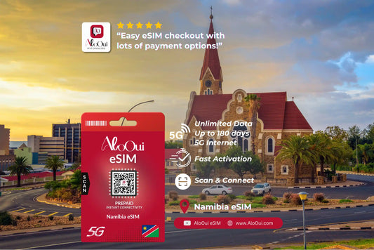 Nambia AloOui eSIM with a scenic city background 