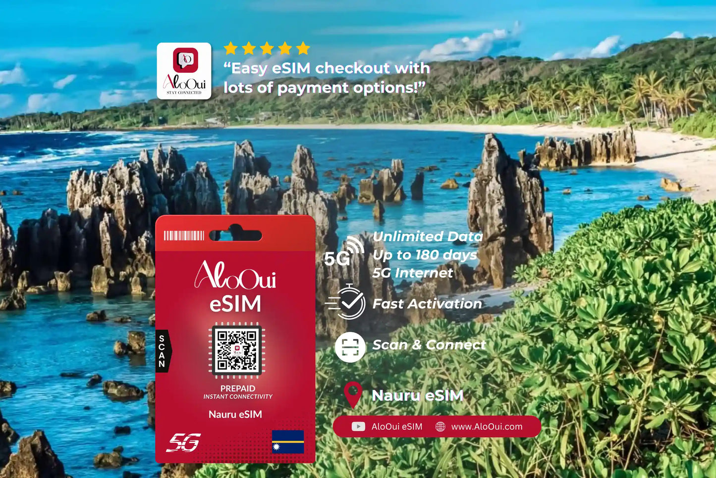 Nauru AloOui eSIM card with scenic beach and ocean background