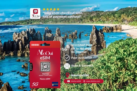 Nauru AloOui eSIM card with scenic beach and ocean background 