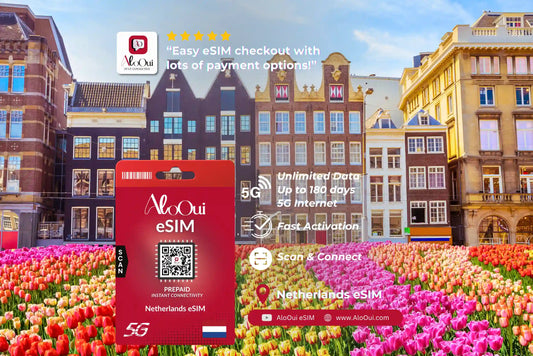 Netherlands AloOui eSIM with Netherlands eSIM branding in front of a colorful tulip field and European buildings. 