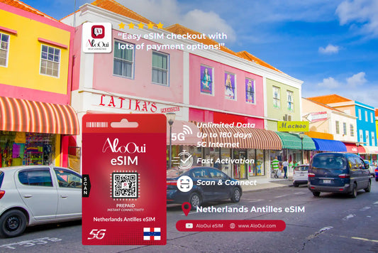 Netherland Antilles AloOui eSIM card with a street scene background 