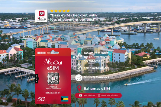 Bahamas eSIM with a scenic background of a coastal town and bridge. 
