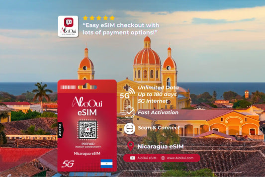 Nicaragua AloOui eSIM with scenic background of a building and sky. 