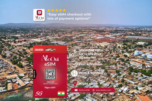 Niger AloOui eSIM over an aerial view of a cityscape. 