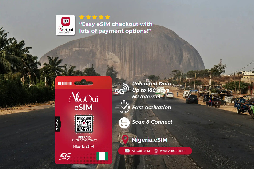 Nigeria AloOui eSIM with a scenic road and mountain in the background