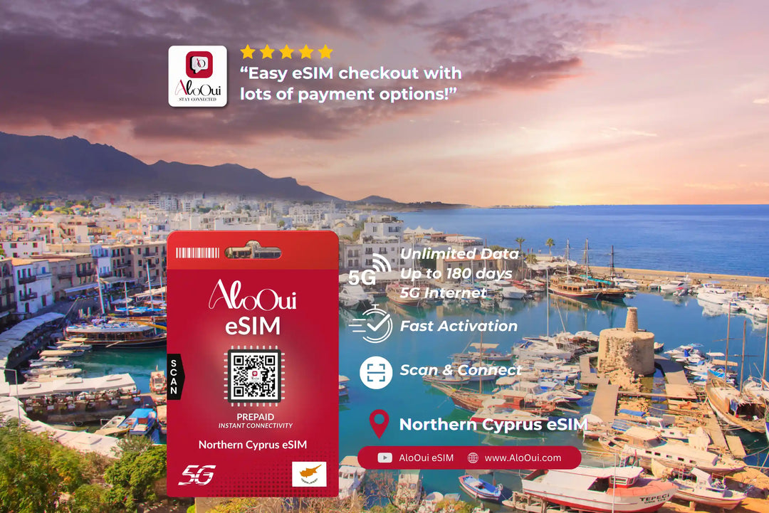 Northern Cyprus AloOui eSIM with a scenic background of a harbor and mountains.