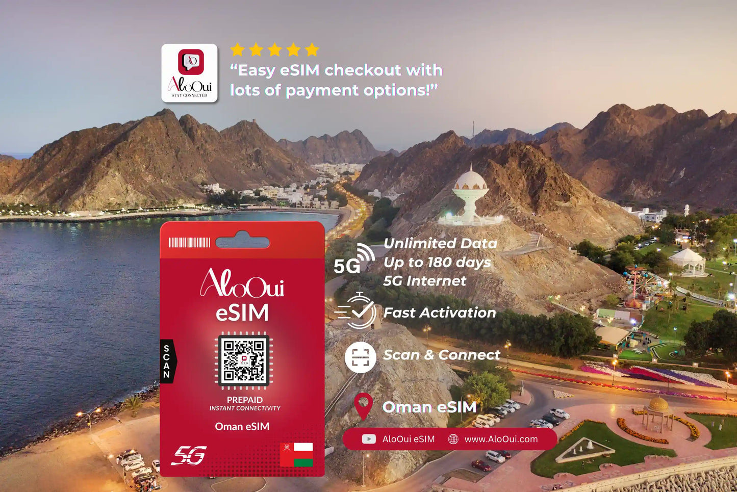 Oman AloOui eSIM with a scenic background of mountains and a coastal area.