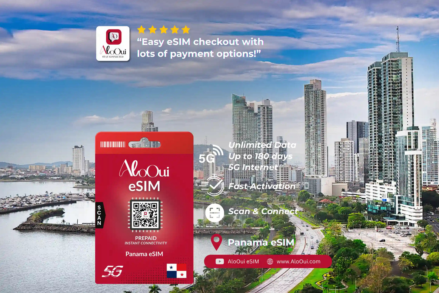 Panama AloOui eSIM with cityscape and skyline in the background