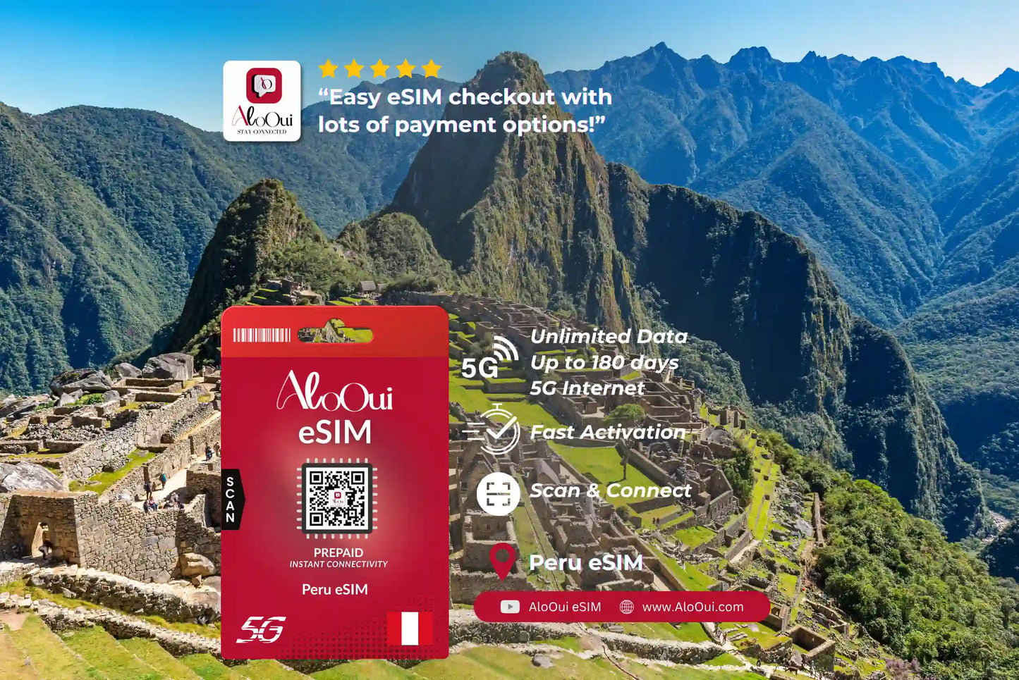 Peru AloOui eSIM with scenic mountain landscape background