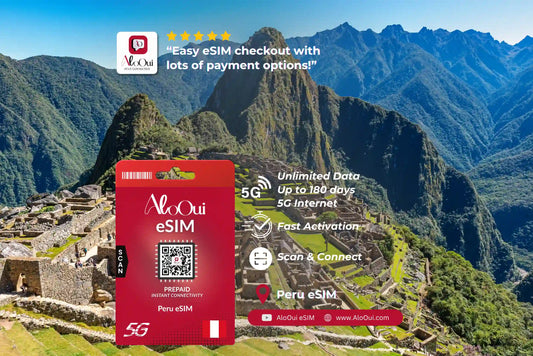 Peru AloOui eSIM with scenic mountain landscape background 