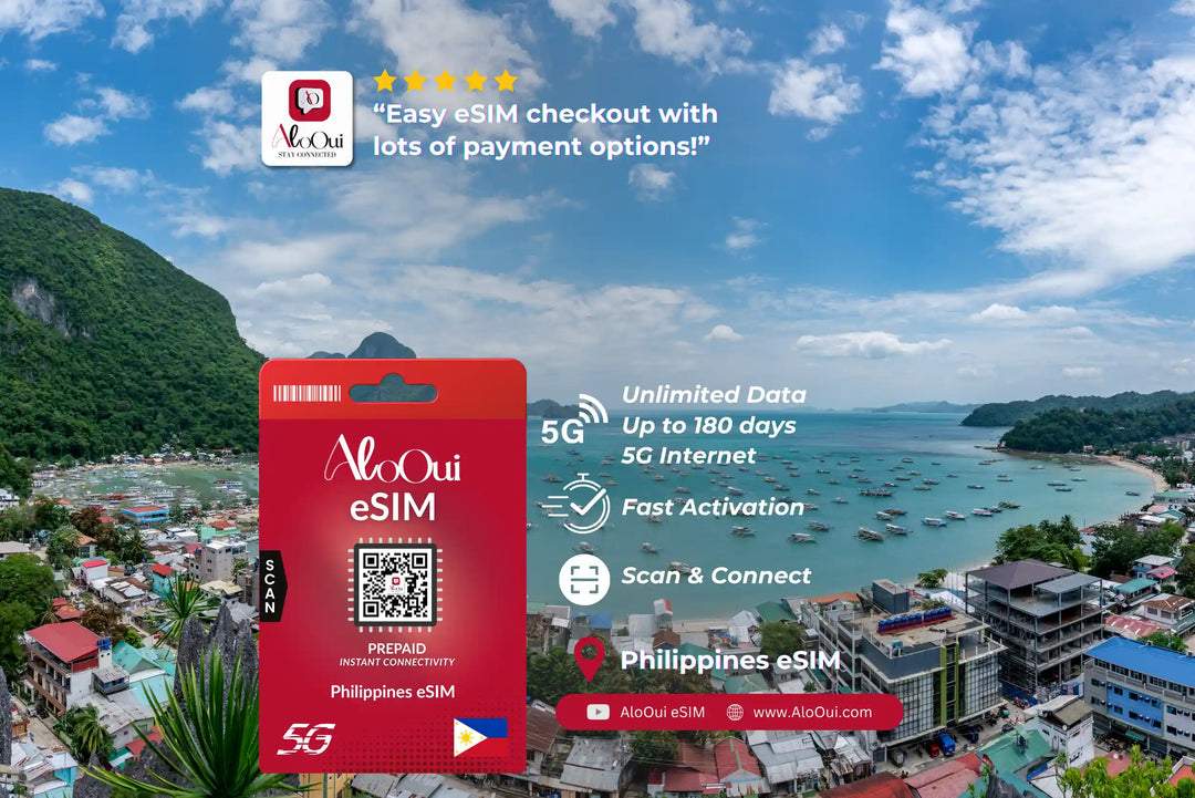 Philippines AloOui eSIM with a scenic view of a coastal town in the Philippines.