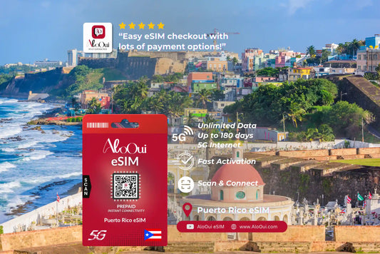 Puerto Rico AloOui eSIM with a scenic view of a coastal city in the background 