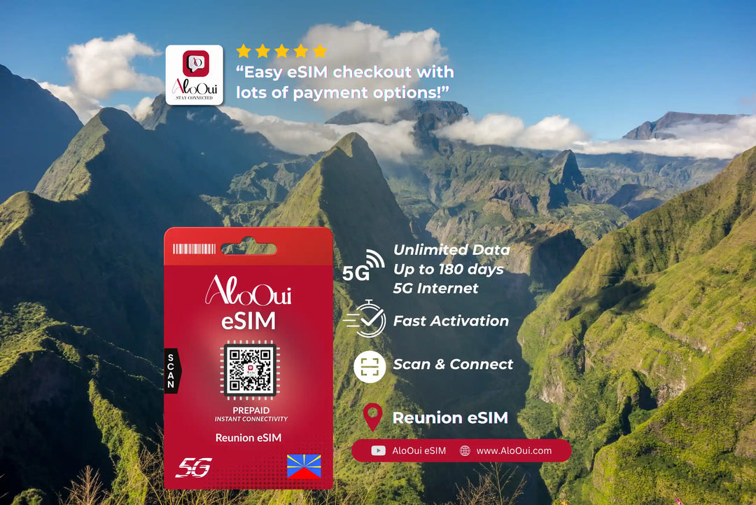 Reunion AloOui eSIM with scenic mountain background