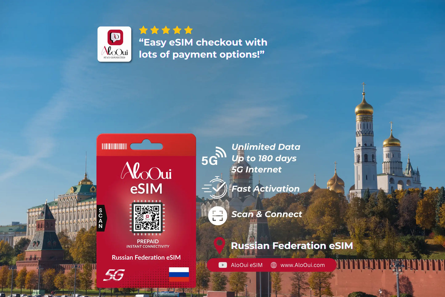 Russia AloOui eSIM with Moscow skyline in the background