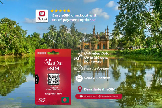 Bangladesh AloOui eSIM with scenic background of a temple and water body 