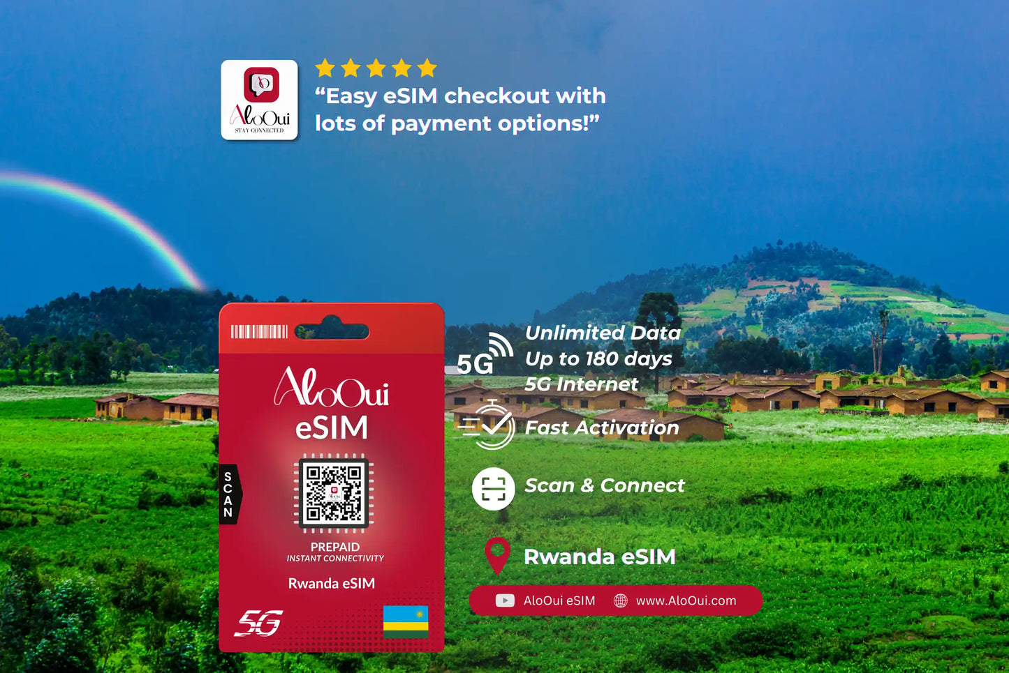 Rwanda AloOui eSIM with a scenic background of a rainbow and green landscape.
