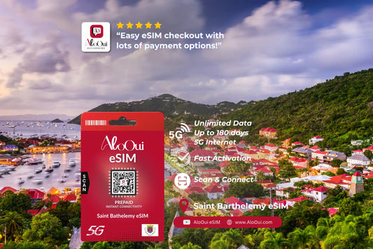 Saint Barthelemy AloOui eSIM with scenic background of a coastal town and mountains. 