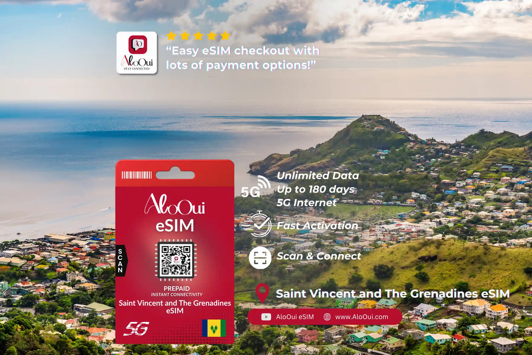 Saint Vincent and The Grenadines AloOui eSIM with scenic background of Saint Vincent and the Grenadines