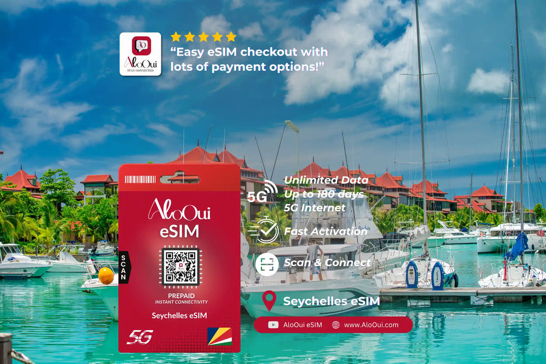 Seychelles AloOui eSIM with a scenic marina background