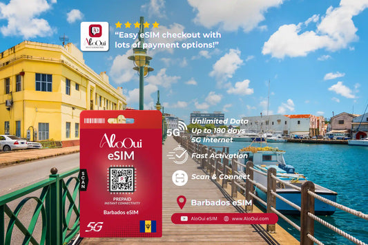 Barbados eSIM with promotional text against a scenic background of a harbor. 